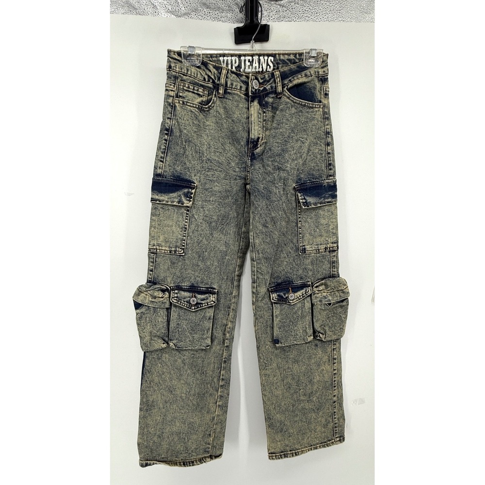 VIP Jeans Women Acid Wash Cargo Denim Pants High Rise Straight Leg Size 5/27